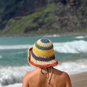 100% STRAW Striped Summer Bucket Sun Hat Women Blue Green Yellow Orange Purple